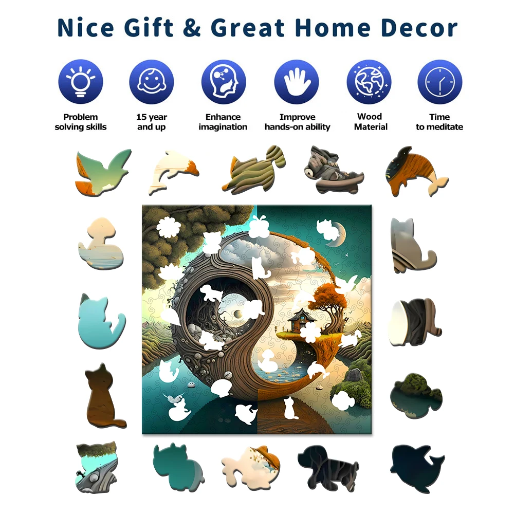 Yin-yang Theme Wooden Puzzle Uniquely Irregular Animal Shaped Wooden Toys Creative Handmade Decorations Holiday Gifts