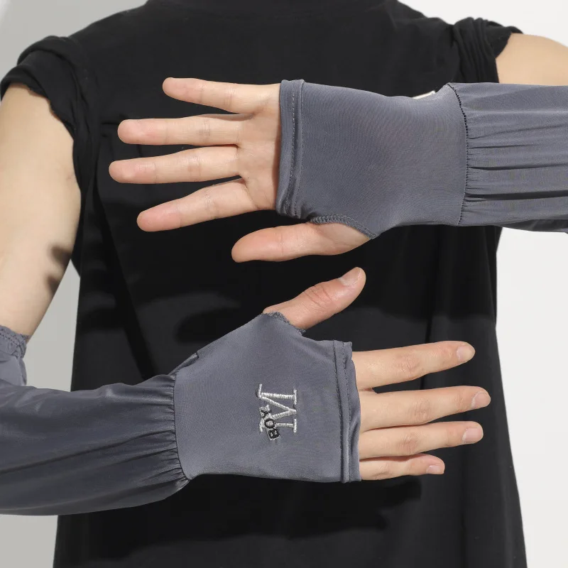 Men Sun Protection Sleeves Summer UV Protection Embroidered Loose Fingerless Arm Sleeves for Outdoor Driving Riding Fishing