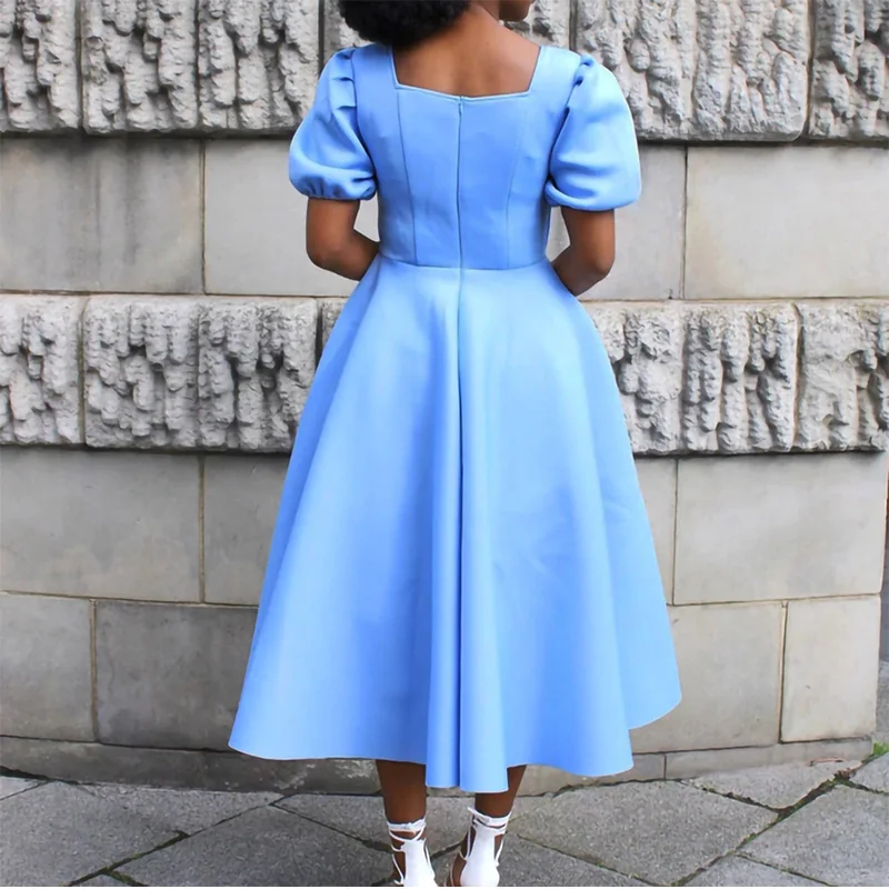 Plus Size Dress for Women SummerSolid Color Square Collar Puff Short Sleeve Zipper High Waist Elegant Basic Large Hem Midi Dress