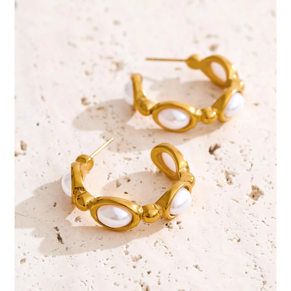 Yhpup Simulated Pearls C-Shape Hoop Earrings