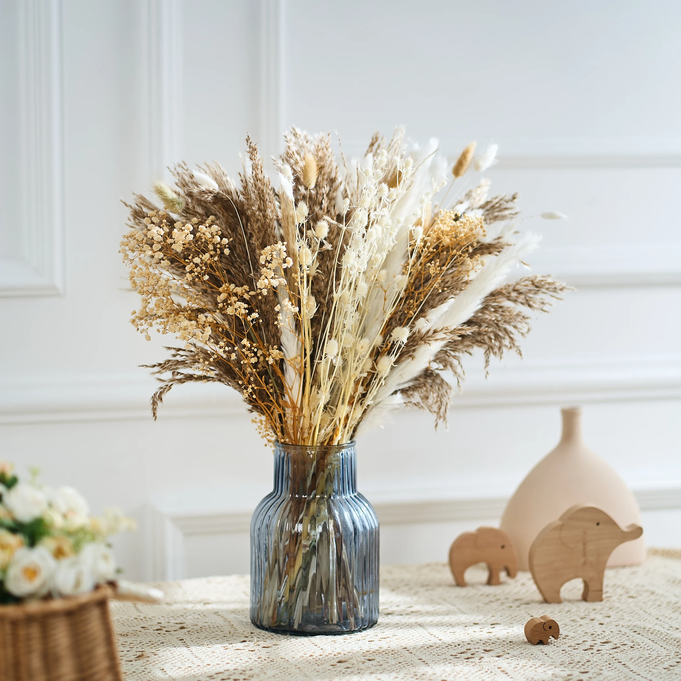 

100PCS Natural Fluffy Pampas Grass Reed Bunny Tail Grass Dried Flowers Bouquet Boho for Wedding Flower Arrangement Vase Decor