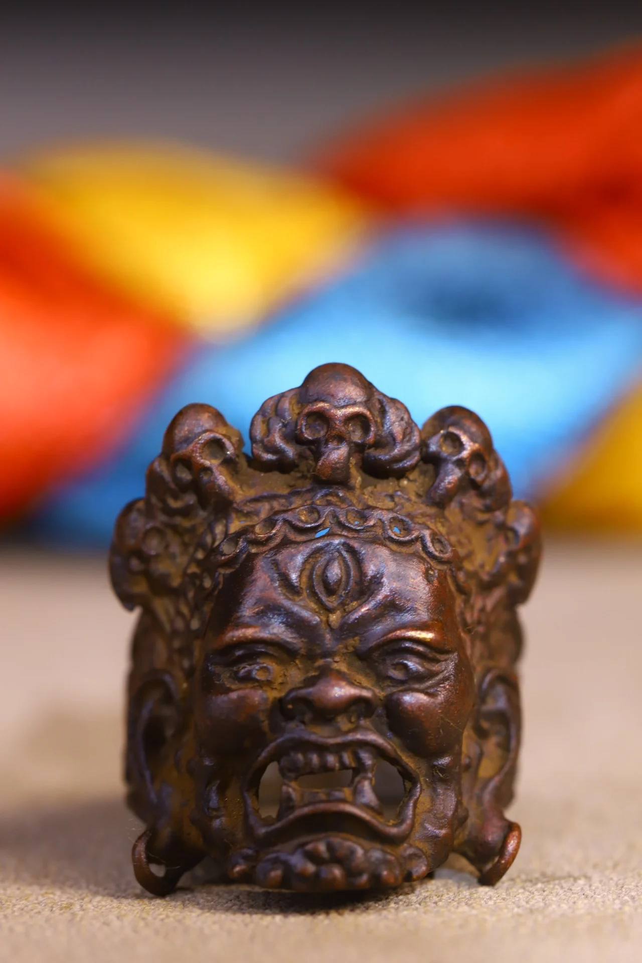 

1"Tibetan Temple Collection Old Bronze Cinnabar Mahakala Buddha Head Ring Pendant Amulet Dharma Worship Hall Town house Exorcism