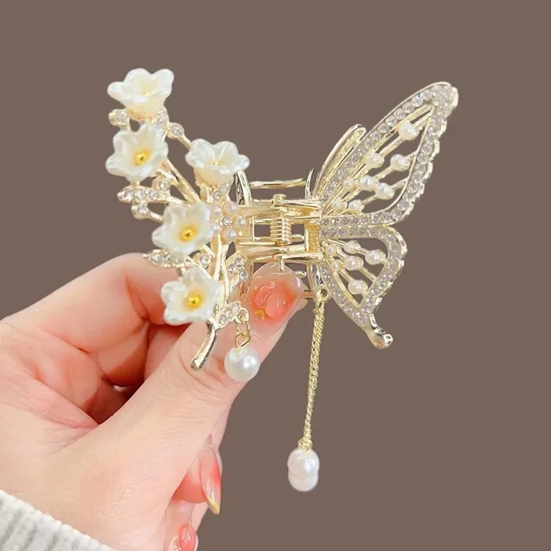 New Butterfly Tassel Pearl Hair Claw Women Elegant Rose Flower Hair Clip Female Exquisite Ponytail Claw Clip Заколка Зажим