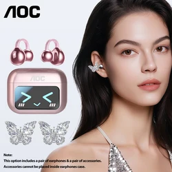 AOC M100 Bluetooth Smart Ear Clip Earbuds with LCD Screen - Wireless Touch Control Earphones for Gaming and Sports, Perfect Gift for Girls (Pink SET A)
