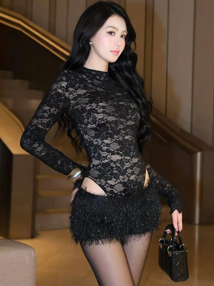 Nibber Party 2 Piece Set Women Jacquard Full Sleeve O-Neck Bodysuits+Tassel Shiny Threads Shorts Chic Sexy Fashion Club Suits