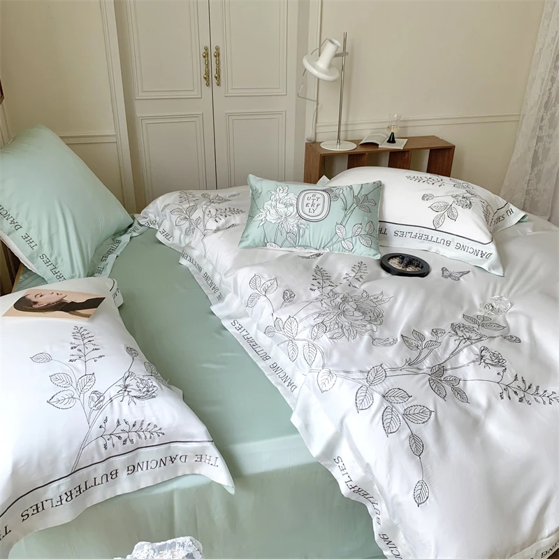 Waliicorners Chic Flowers Butterfly Embroidery Summer Smooth Soft Cozy Breathable Bedding Set Silky Quilt Cover Set Bed Linen Pillow Sham 16 S939265f1a8f3485180d948627433e62dD