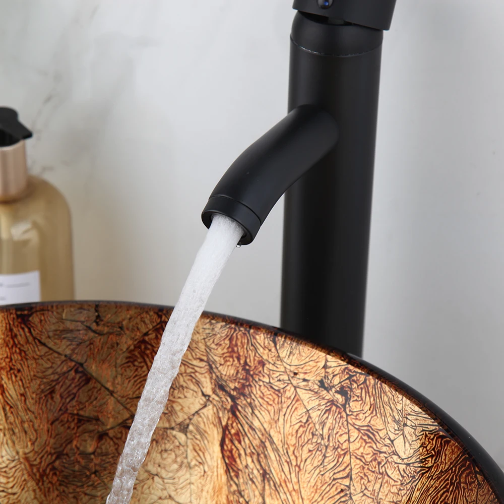 ZAPPO Brown Round Bathroom Sinks Above Counter Contemporary Tempered Glass Bathroom Vessel Sink Bowls Matching Style Faucet 4
