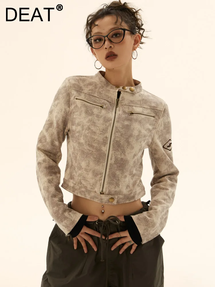 

DEAT Fashion Women's PU Leather Jackets Stand Colar Zipper Full Sleeves Waist Midriff-baring Suede Coat Autumn 2023 New 7AB1188