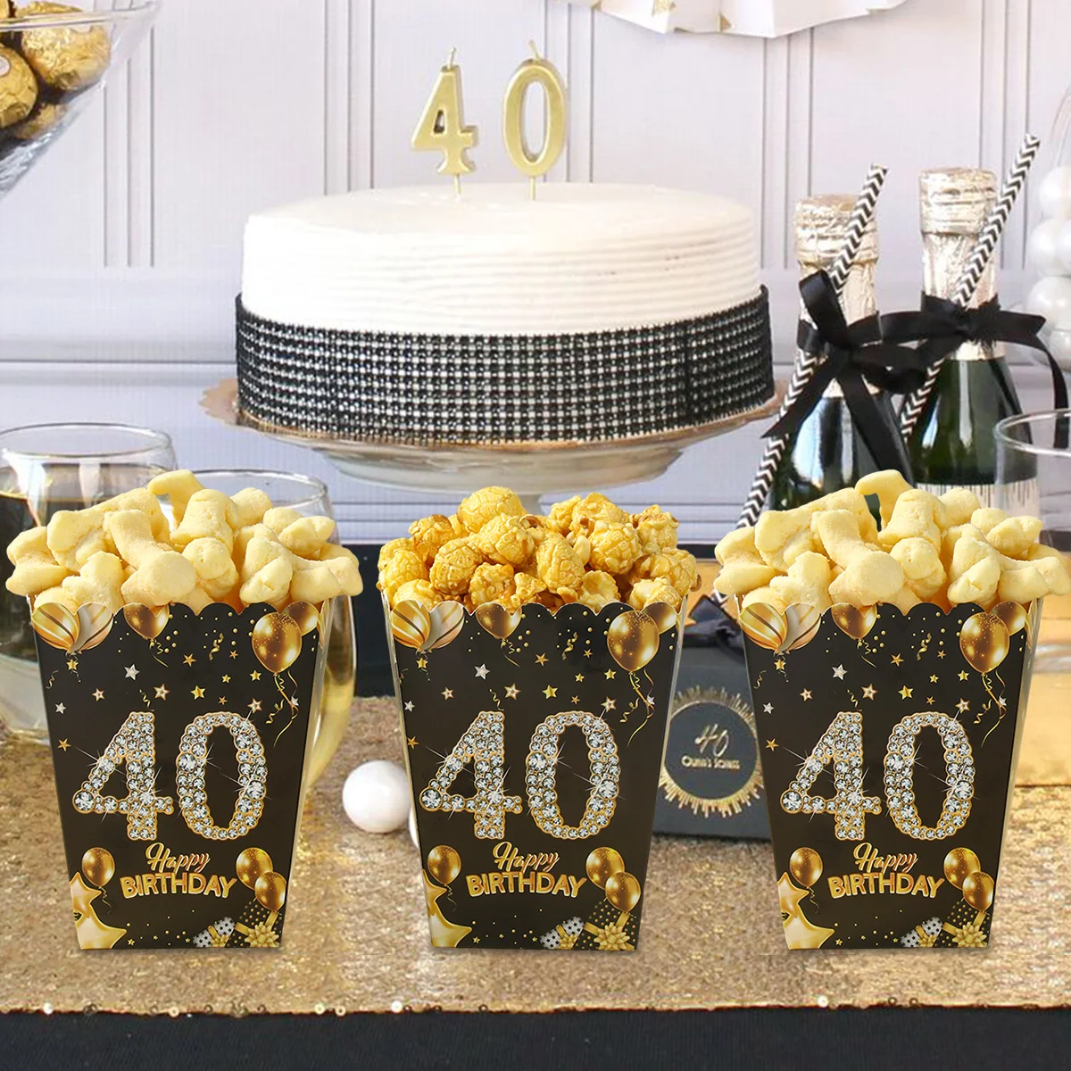 Elegant Black and Gold Popcorn Boxes - Set of 6 - Perfect for Parties and Celebrations