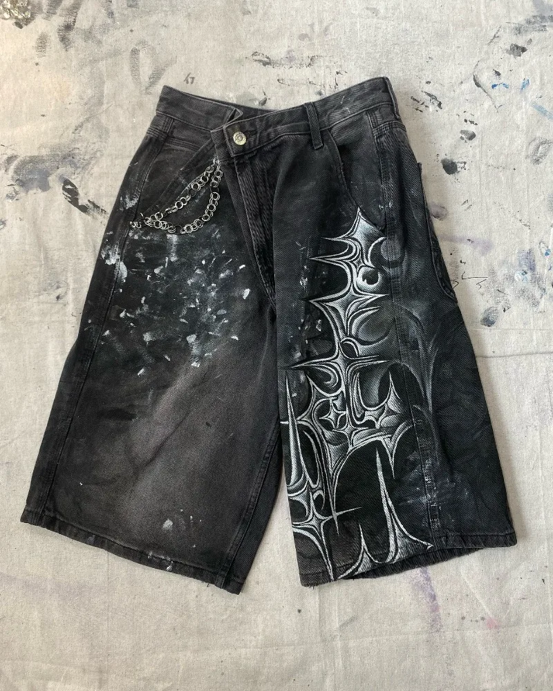 Y2K New Harajuku Fashion Oversized Geometric Print Denim Short Men Vintage Gothic Hip Hop Popular Casual Joker High Waist Shorts denim shorts