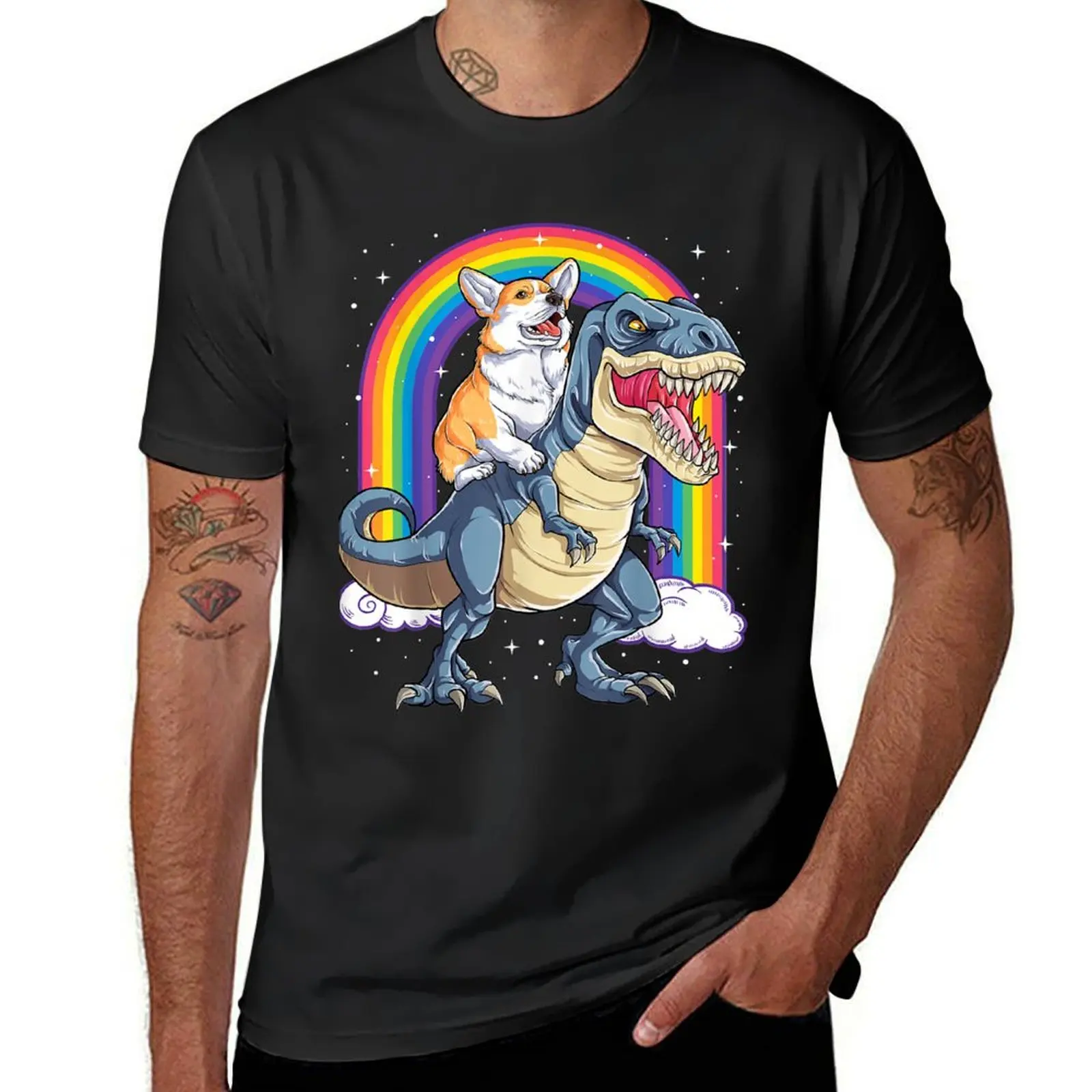 Corgi Riding Dinosaur T rex Boys Girls Space Galaxy Rainbow T-Shirt blanks cute clothes Blouse graphics mens graphic t-shirts