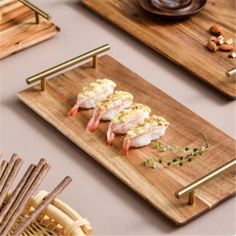 

Modern Acacia Wooden Tray Creative Metal Handle Bedroom Jewelry Container French Restaurant Desktop Steak Trays Home Decoration