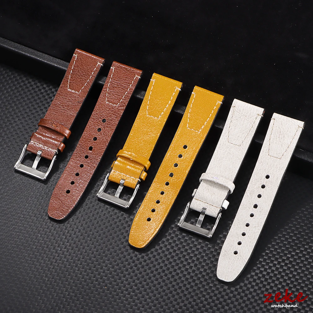 Vintage Oil Wax Leather Watchband with Stitching in Brown