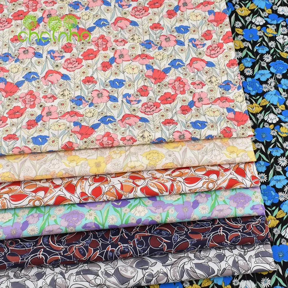 Chainho,Printed Plain Weave Poplin Cotton Fabric,DIY Quilting Sewing Material,Patchwork Cloth,Floral Series,3 Sizes,15PC43