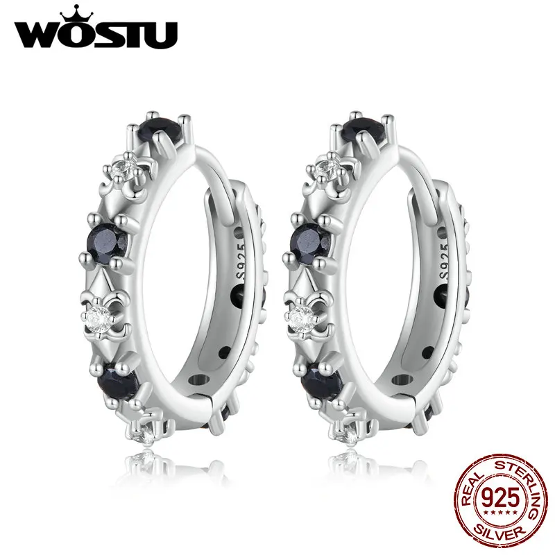 WOSTU Solid 925 Sterling Silver Black Zircon Onyx Hoop