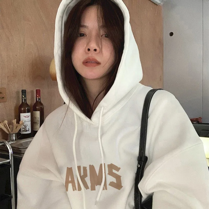 2023 Winter Women's Vintage Long Sleeve Letter Print Sweatshirts American Retro Hooded Drawstring Female Fashion Loose Top