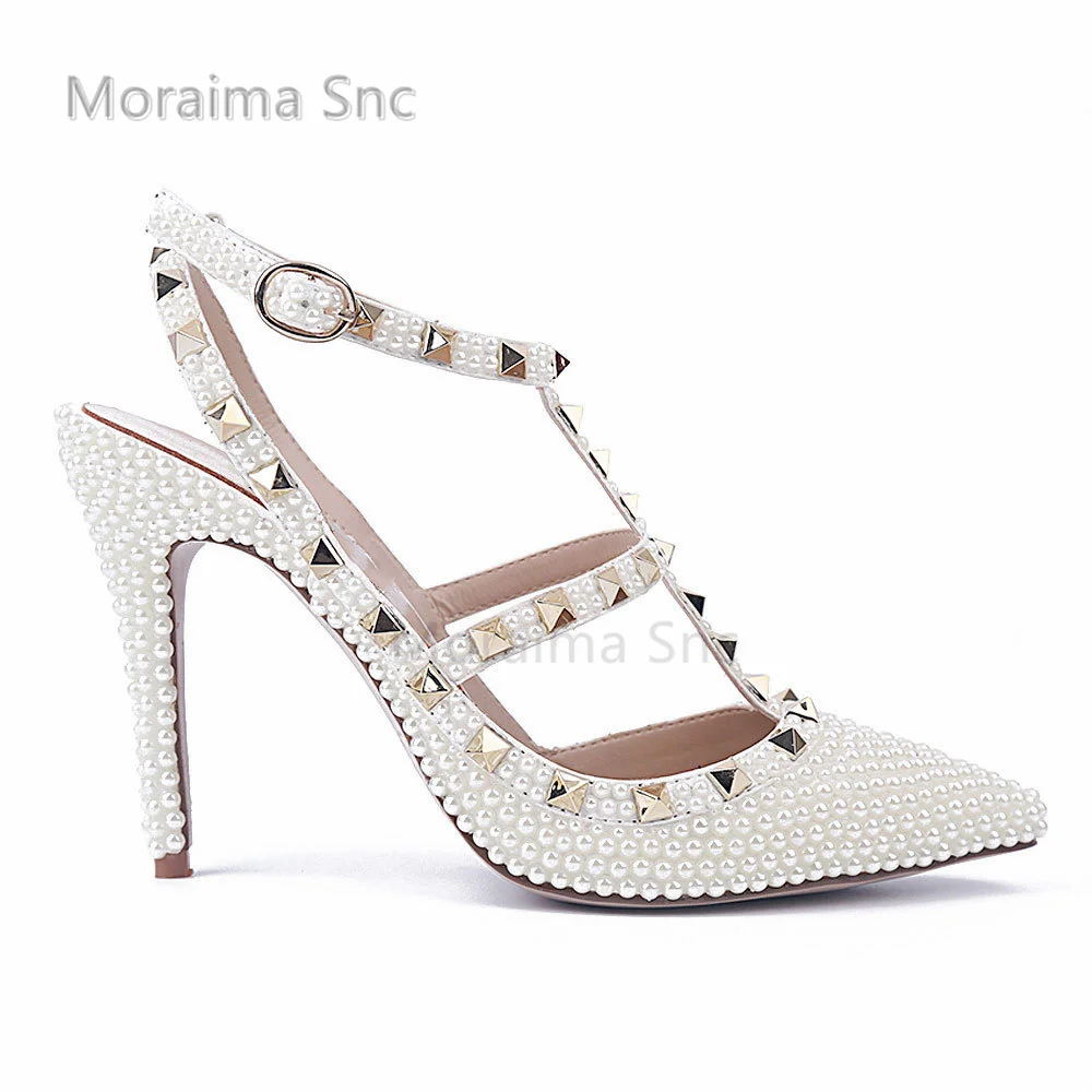

Rivet Pearl High Heels Stiletto Sandals for Women Shoes Summer Sweet White Bride Wedding Shoes Baotou Buckle Strap Lady Shoes