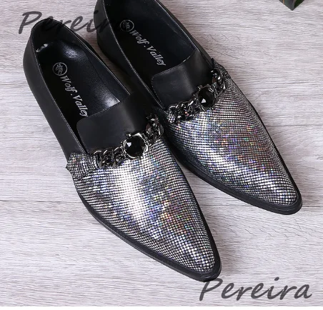 Fashion Shiny Men's Shoes Banquet Nightclub Prom Shoes Metal Pointed Toe Blue Genuine Leather Formal Shoes Party Wedding Oxfords