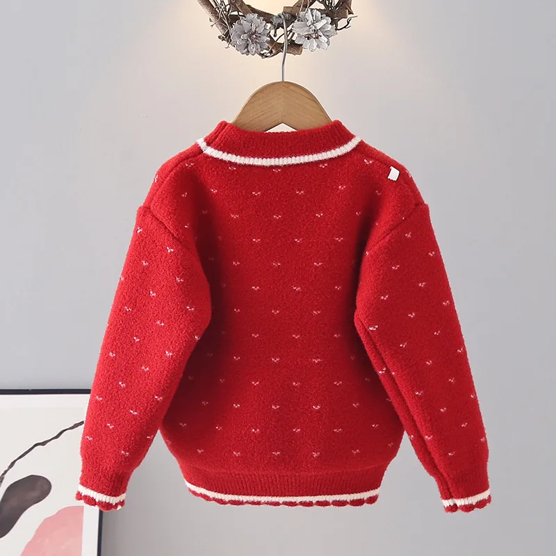 리본 레이스 러플 니트 스웨터 소녀용 긴 소매 버튼 하트 모양 크로셰 풀오버 어린이 니트웨어 니트 트위스트 탑 IY12232