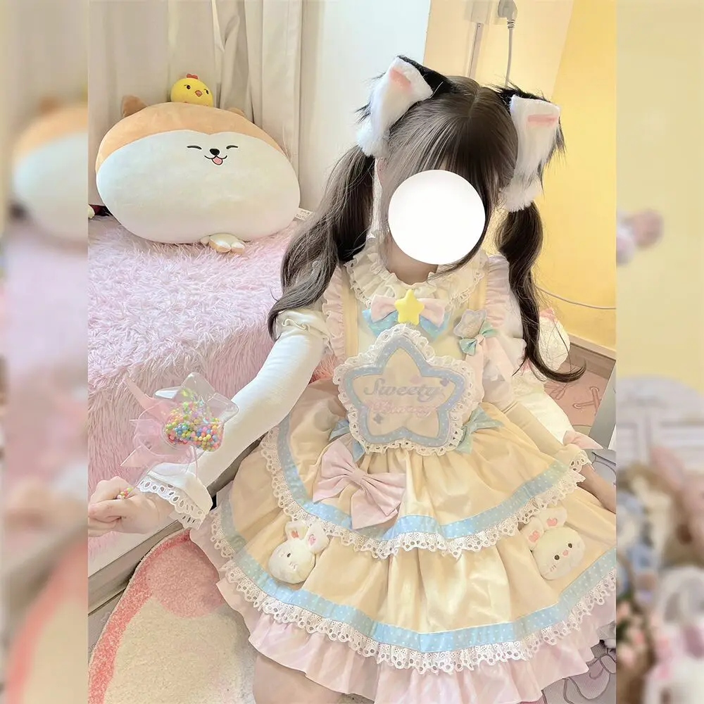 Sweet Lolita Sleeveless Lace Ruffles JSK Dress with Apron Bow