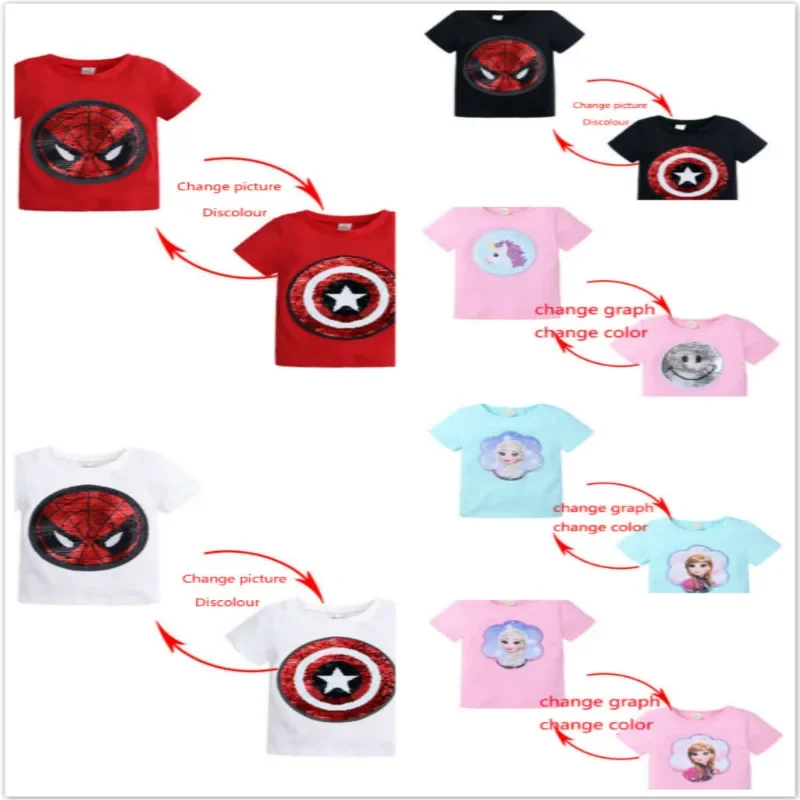 Children Baby Boy Girl Short Sleeve T-shirt Magic Sequin Reversible SuperHero Captain America Spiderman Anna Kid Clothes Top Tee children tshirts,children tops