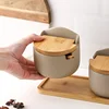 Japanese Style Ceramic Seasoning Jar Bamboo lid Spice jar With Spoon Kitchen Sugar Salt Spices Storage Box Household Container 4