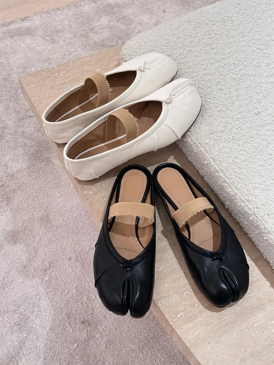 2024 New Retro Pig Feet Split Toe Shoes Women's Flat Bottom Shallow Mouth Mary Jane Shoes Muller Shoes Baotou Half Slippers