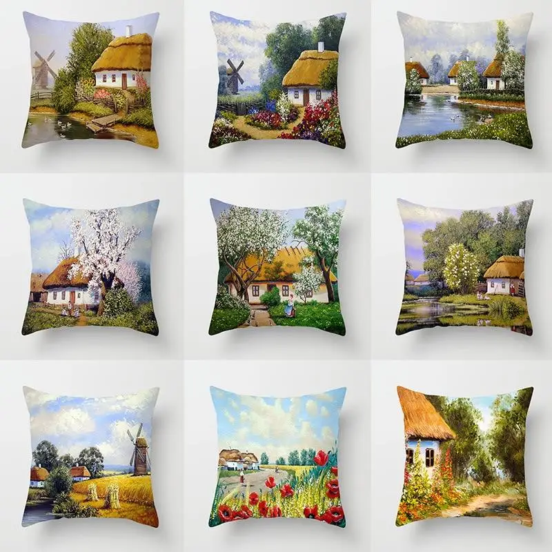 

Customizable Country Landscape Bird Flower Cushion Cover Bedroom Living Room Retro Sofa Chair Decorative Oil Painting Pillowcase