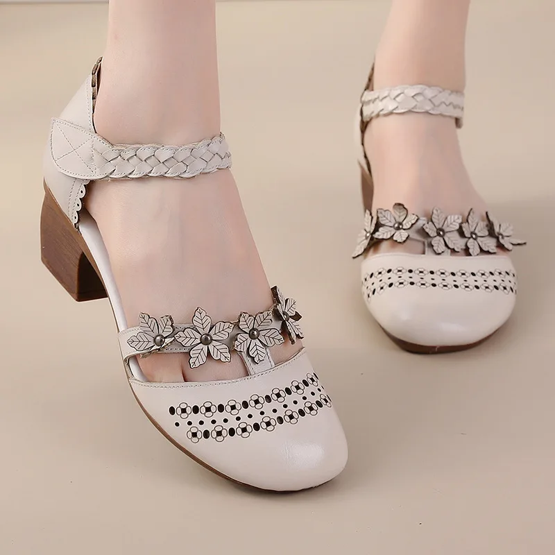fashion summer sandals women genuine leather shoes sandals high heel summer beach hollow Flowers Female retro sandals women