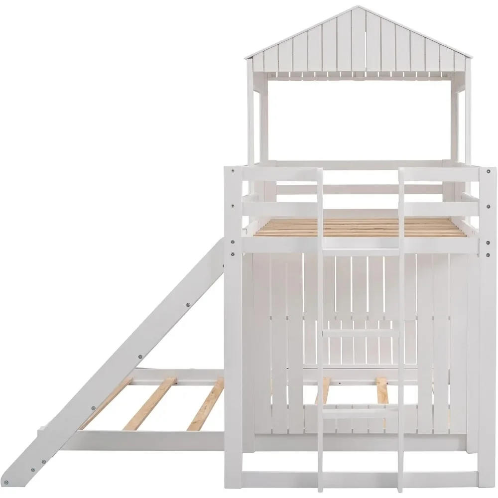 Floor Bunk Beds with Slide, Wooden Twin Over Full Bunk Beds with Slide, Roof and Guard Rail for Kids, Teens, No Box Spring Neede 4