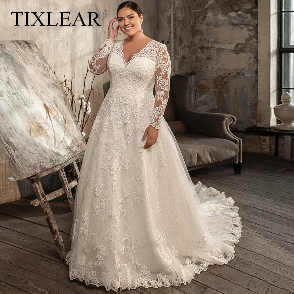 

Tixlear Elegant Plus Size Wedding Dress Appliques V-Neck Long Sleeves Lace Up Back Floor Length Bridal Gown Vestidos De Noiva