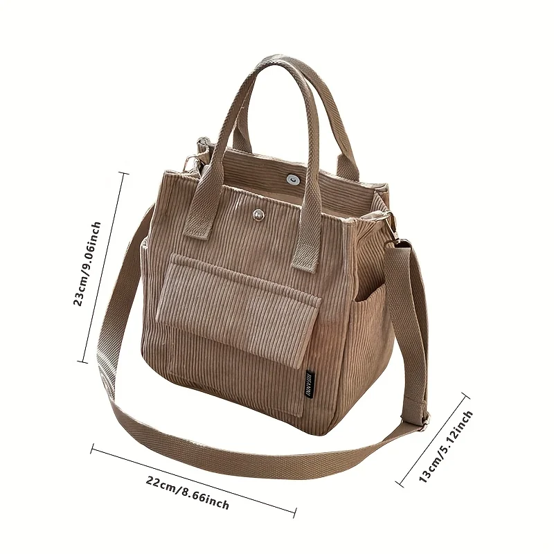 Hand Washable Corduroy Tote Bag with Multiple Pockets, Everyday Crossbody or Shoulder Bag, Solid Color Satchel for Daily Use