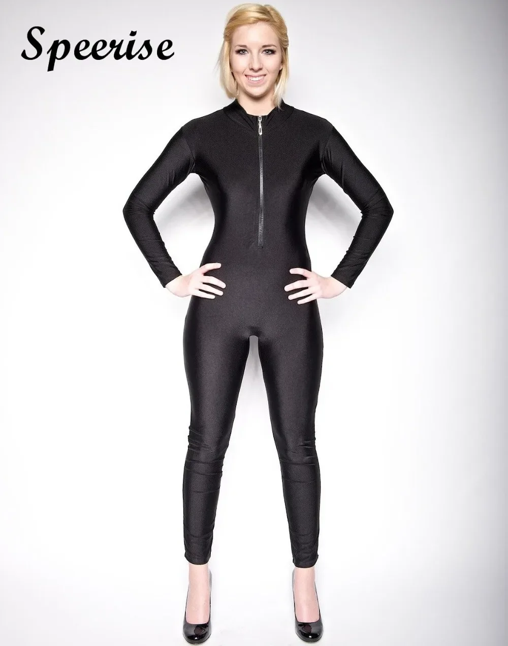 Speerise Adult Spandex Long Sleeve Dancewear Women Turtleneck Unitard Bodysuit Full length Front Zipper Suits