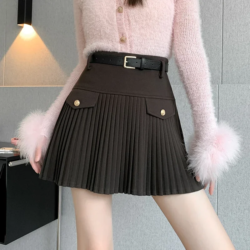 

New Korean Fashion Woolen Pleated Skirt Women A-line High Waist Vintage Mini Skirts Mujer Faldas Preppy Style Women's Clothing