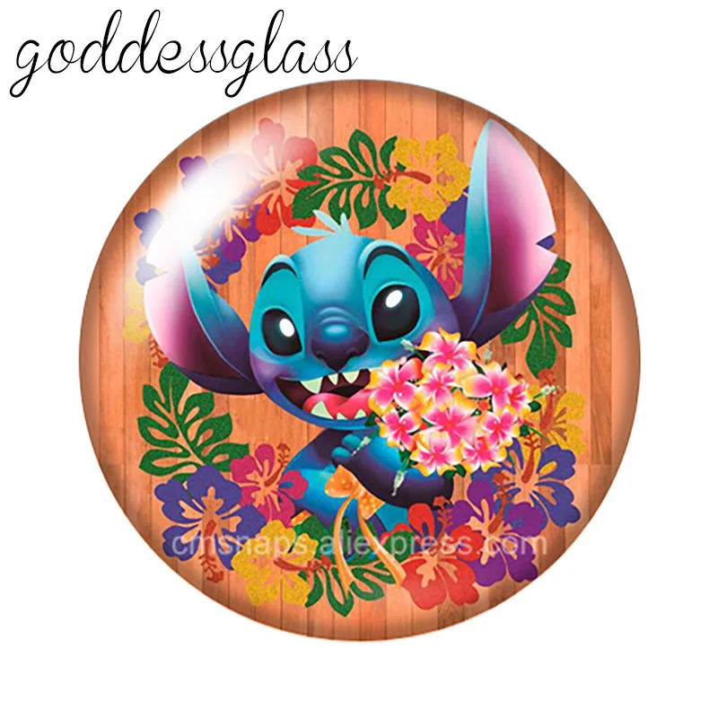 Disney Cute Stitch Angel Cartoon 10pcs 12mm/18mm/20mm/25mm Round photo glass cabochon flat back Making findings for bracelets