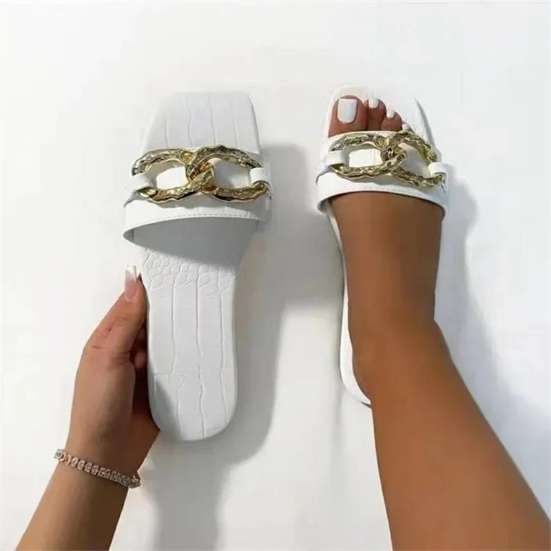 

Women Summer Slippers Fashion Metal Chain Flat Sandals Ladies Outdoor Beach Flip Flops Square Toe Slides Woman Large Size 43