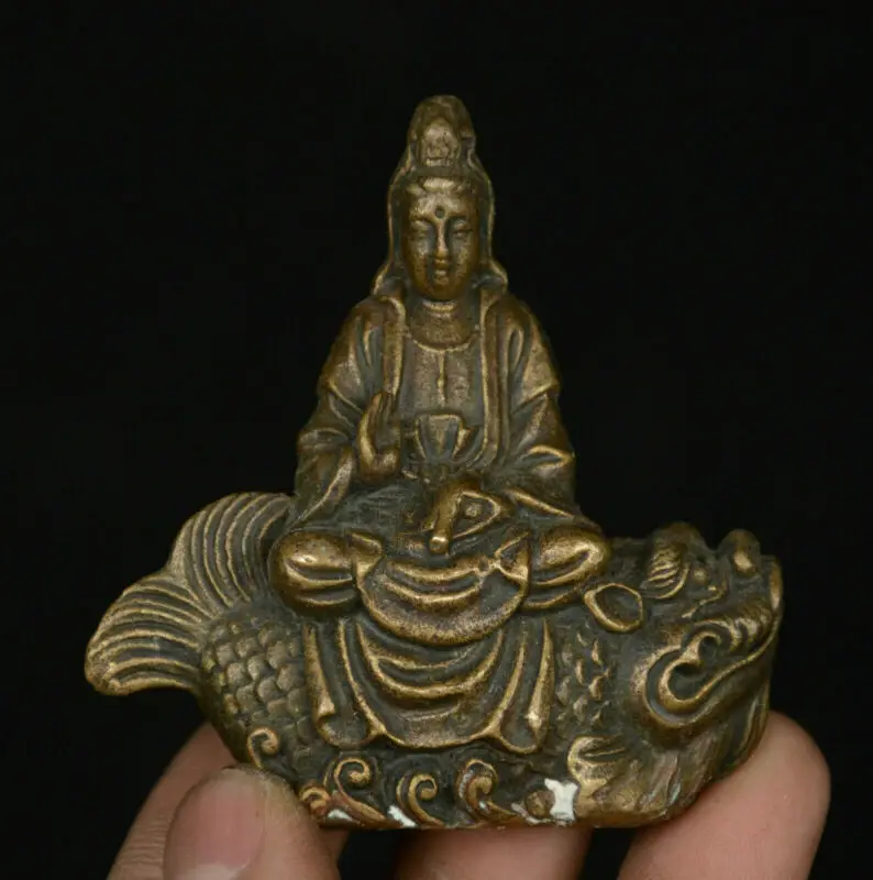 Drago Cinese In Bronzo Pesce Kwan-Yin Guan Yin-Statua Della Dea Bestia