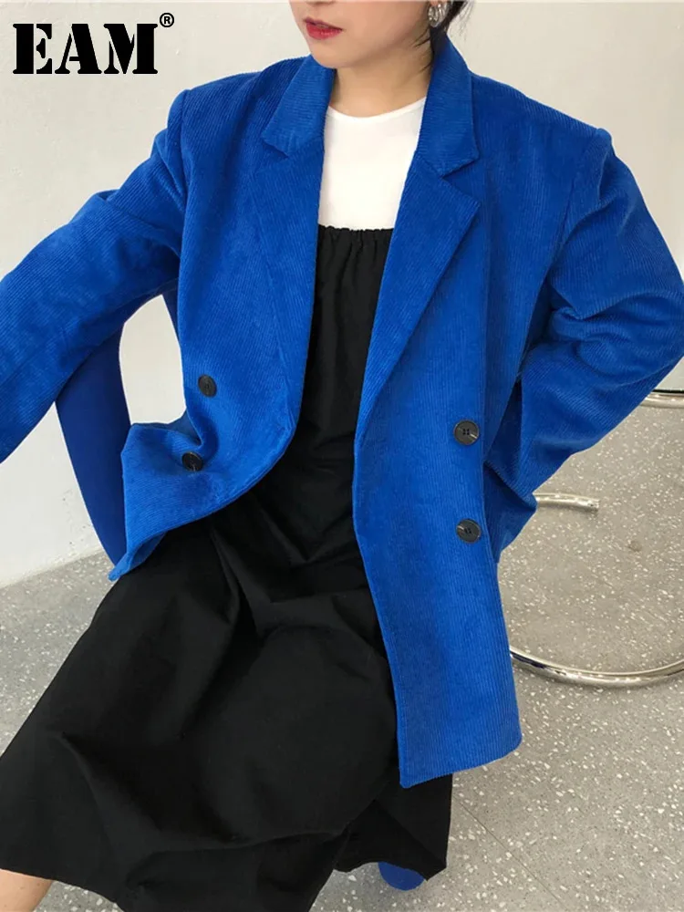 

[EAM] Women Blue Big Size Corduroy Thick Blazer New Lapel Long Sleeve Loose Fit Jacket Fashion Tide Spring Autumn 2024 1DF2155