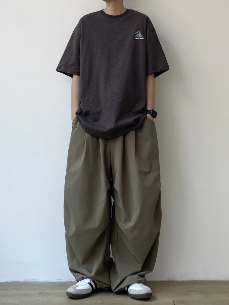Summer Japanese Retro y Loose Wide Leg Pants Men's Casual Straight Leg Long Trousers Folded Pure Color Versatile Clothes