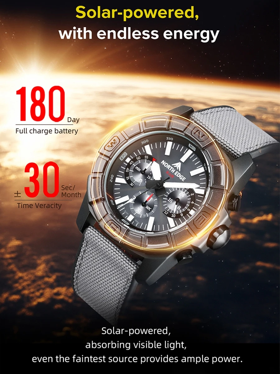 NORTH EDGE 2025 BLAZE Men's Watches Solar Power 316 Stainless Steel Case Quartz Watch For Men Pilot Waterproof 50M Stopwatch_voghion.com