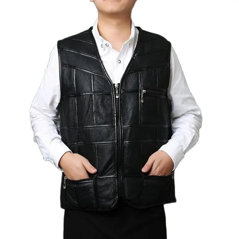 

Men Sleeveless Vests Leather Splice Waistcoat Men's Leisure Genuine Leather Vest Mens Coats Tops Jackets