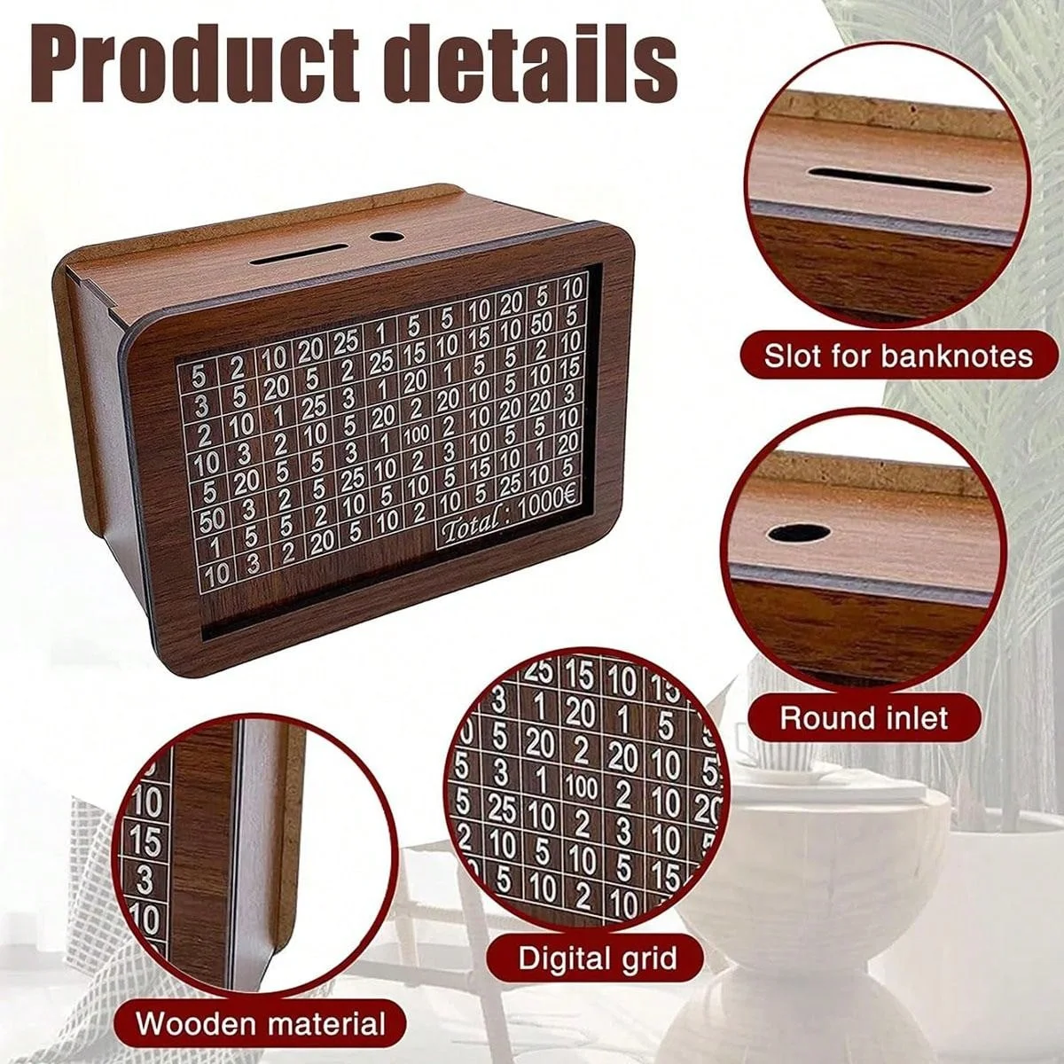 Money Wood Box 1pcs Piggy Bank Wood Money Bank Reusable Box Saving Goal Numbers Boxes Drawer