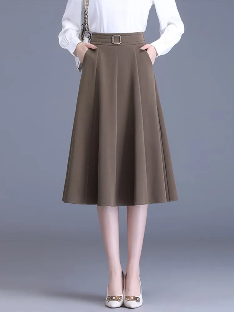 

Women Solid Splicing OL Skirts New Spring Autumn Elastic High Waist Female Elegant A-Line Mid-Long Skirt