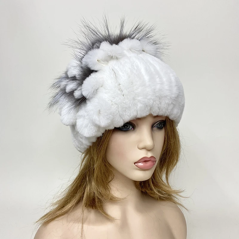 Floral Rabbit Fur Hat Women Fluffy Warm Winter Thick Hat Elegant Stylish Russian Fur Cold Hat Rex Rabbit Fur Beanies Striped Top 5