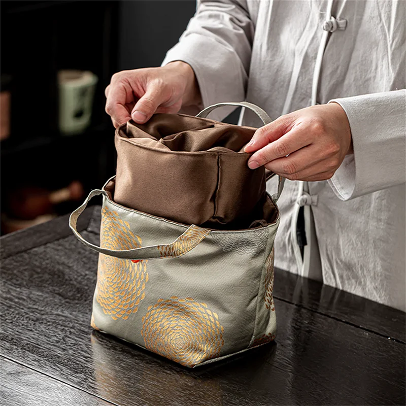 Brocade Travel Tea Set Bag,Portable Japanese Style Quick Tea Cup Organizer , Multi-functional Tea Set Carry Bag
