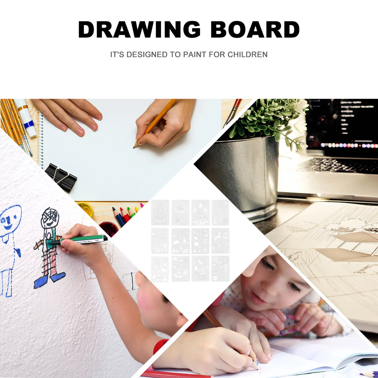 12Pcs 크리스마스 드로잉 스텐실 중공 그림 템플릿 크리 에이 티브 DIY 액세서리 어린이 공예 패턴 인식 선물