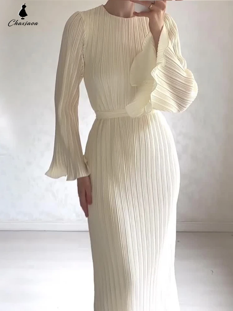 

Женское длинное однотонное платье, элегантное модное платье со складками, круглым вырезом и расклешенными рукавами, Стиль Знаменитостей