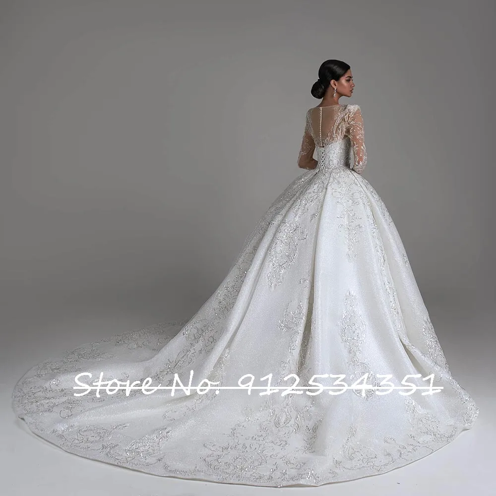 Hochzeitskleid Long Sleeve Ball Gown Wedding Dress Illusion Back Luxury Robes De Mariage Sequined Beading Vintage Brautkleid