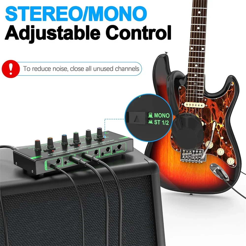 6 Channels Headphone Amplifier Independent Volume Control Compact Mini Earphone Splitter Stereo/Mono Switch for Studio Stage