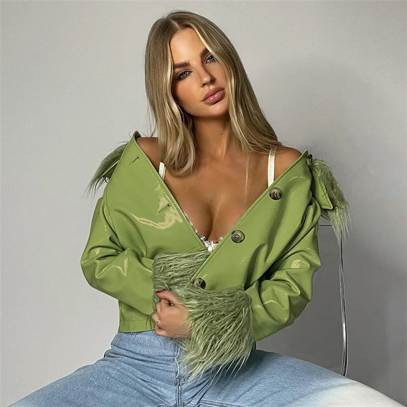 

Jackets Autumn/winter New Women's Fashion Long-Sleeved Wool Collar Single-Breasted Form-Fitting Warm Leather Jacket for Women